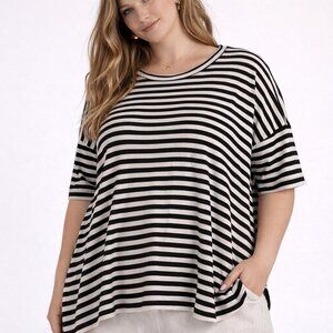 $120 By Basics Organic Cotton Striped Tee Black White Relaxed Fit Top XXL